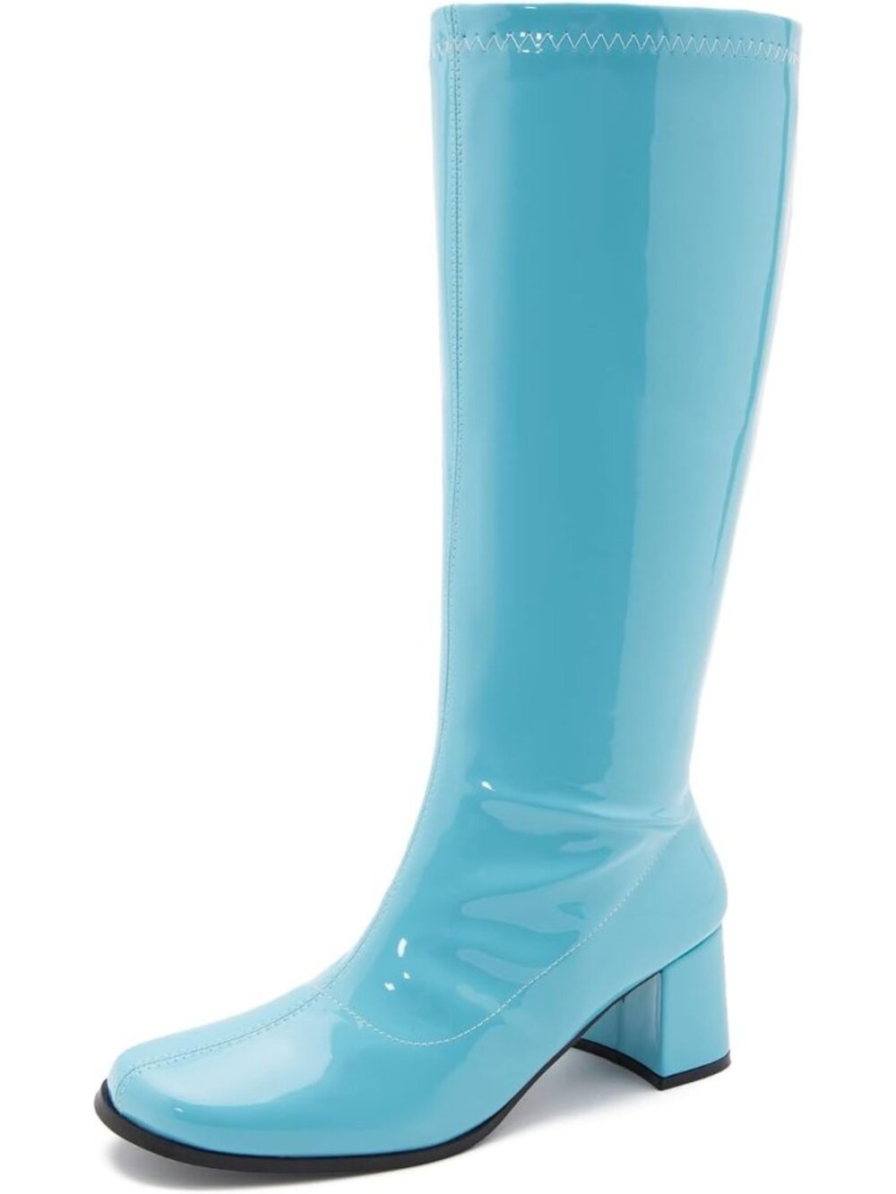 🆕Women's Blue Knee High Gogo Boots Square Toe Retro Disco Block Heel Boots